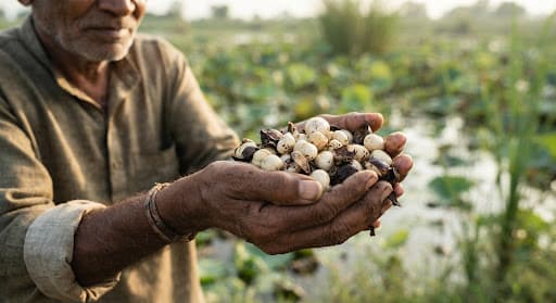 Farmer holding raw makhana
