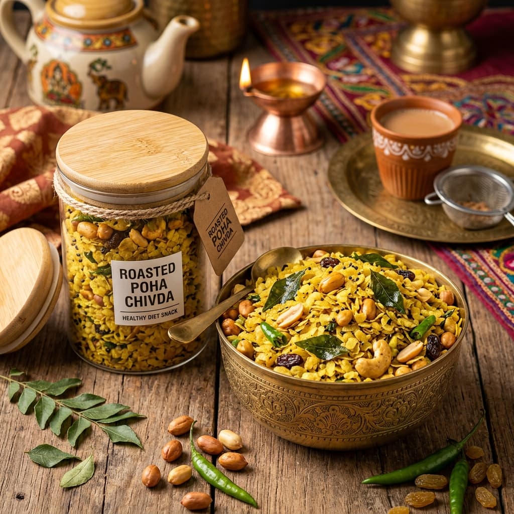 Roasted Poha Chivda Snack (Mildly Spiced with Peanuts & Curry Leaves) — Buy Online at Makhana Gold Roasted Poha Chivda Snack (Mildly Spiced with Peanuts & Curry Leaves)