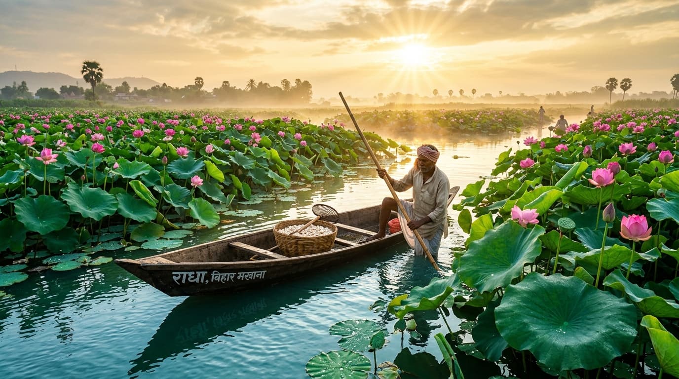 Bihar Wetland Makhana Harvesting — Makhana Gold Traditional makhana harvesting in the certified wetland ponds of Mithila, Bihar — Makhana Gold sourcing